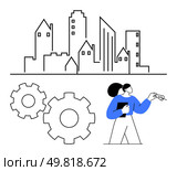 Urban skyline with various building shapes, engineer holding blueprints and two gear mechanisms. Ideal for urban planning, construction, engineering, architecture, city development, mechanical. Urban Skyline with Engineer Holding Blueprints and Gear Mechanisms for Construction and Planning. Стоковая иллюстрация, агентство Ingram Publishing / Фотобанк Лори