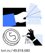Hands exchanging cash, large coin with dollar sign, and hand holding keys. Ideal for finance, real estate, banking, investments, transactions business deals monetary exchanges. Line metaphor. Financial transactions with hand exchanging cash, coin with dollar sign, and hand holding keys. Стоковая иллюстрация, агентство Ingram Publishing / Фотобанк Лори
