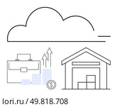 Cloud symbol with briefcase, bar chart and coin stack with upward arrows, and warehouse with boxes. Ideal for cloud computing, investment, logistics, storage solutions, business management, financial. Cloud Storage, Investment Growth, and Warehouse Management Concept for Business Efficiency. Стоковая иллюстрация, агентство Ingram Publishing / Фотобанк Лори