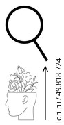 Magnifying glass above head filled with plants and arrow pointing upwards. Ideal for creativity, growth, exploration, innovation, learning, mindfulness, inspiration. Line metaphor. Exploring Creativity Growth of Ideas Through Nature and Curiosity. Стоковая иллюстрация, агентство Ingram Publishing / Фотобанк Лори