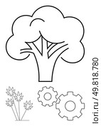 Outline of a tree with two gears and a group of plants. Ideal for sustainability, environment, technology, industry, ecology, innovation, and nature themes. Line metaphor. Tree and Gears Outline with Plants - Symbolizing Nature and Technology Interconnection. Стоковая иллюстрация, агентство Ingram Publishing / Фотобанк Лори