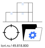 Three stacked boxes suggesting organization, target icon indicating precision, and folder with gear for system management. Ideal for logistics, storage, planning, optimization, supply chain, process. Inventory Management Concept with Stacked Boxes, Target Icon, and Gear Inside Folder. Стоковая иллюстрация, агентство Ingram Publishing / Фотобанк Лори