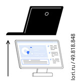 Laptop shifting to desktop screen with arrow. Ideal for productivity, efficiency, technology, upgrades, transitions, remote work, digital progress. Line metaphor. Increasing Productivity Through Transitioning from Laptop to Desktop Setup. Стоковая иллюстрация, агентство Ingram Publishing / Фотобанк Лори