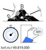 Pickaxes mining Bitcoin a stopwatch icon and a hand holding DEFI. Ideal for cryptocurrency, blockchain technology, DeFi, digital finance, time management, investment, mining operations themes. Line. Bitcoin Mining, Stopwatch, and DeFi Concepts in Black and Blue Vector Art. Стоковая иллюстрация, агентство Ingram Publishing / Фотобанк Лори