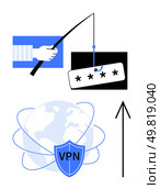 Hand fishing for passwords, VPN shield protecting the globe, upward arrow. Ideal for cybersecurity, online privacy, identity theft prevention, secure browsing, internet safety, data protection. Visual Depiction of Online Security Risks and VPN Protection on Global Scale. Стоковая иллюстрация, агентство Ingram Publishing / Фотобанк Лори