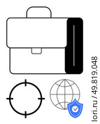 Briefcase, target symbol, globe, and shield with checkmark. Ideal for business strategy, global operations, security, corporate planning career growth data protection. Line metaphor. Briefcase with Target, Globe, and Shield, Symbols Highlighting Business Focus and Security. Стоковая иллюстрация, агентство Ingram Publishing / Фотобанк Лори