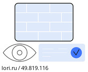 Eye symbol next to a blue grid, representing surveillance. Blue check mark inside a rounded rectangle suggests verification and security. Ideal for technology, security, surveillance, authentication. Vision Protection and Security Verification With Eye Symbol and Check Mark. Стоковая иллюстрация, агентство Ingram Publishing / Фотобанк Лори