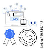 LMS interface on digital devices, open book, game controller, award ribbon, coin. Ideal for education platforms, e-learning, gamification, online courses user rewards learning incentives. Learning Management System with Digital Interface, Open Book, Game Controller, and Reward Icons. Стоковая иллюстрация, агентство Ingram Publishing / Фотобанк Лори