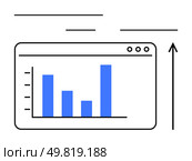 Bar chart with ascending blue bars on a framed screen indicating upward trends. Black upward arrow. Ideal for business progress, data analysis, growth, finance, statistics, forecasting. Line. Digital Growth Trends Blue Bar Chart in a Minimalist Style with Ascending Arrow. Стоковая иллюстрация, агентство Ingram Publishing / Фотобанк Лори