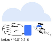Large hand supporting a woman riding a rocket towards a cloud. Ideal for growth, support, ambition, innovation, progress, dreams, success. Line metaphor. Hand Supporting Rocket-Powered Woman, Large Cloud Symbolizing Growth and Ambition. Стоковая иллюстрация, агентство Ingram Publishing / Фотобанк Лори