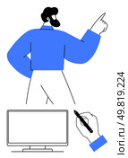 Man pointing forward, desktop monitor and stylus showing digital engagement. Ideal for technology, design, creativity, digital art, user interface, innovation and communication. Line metaphor. Man pointing forward with desktop monitor and hand using stylus, emphasizing interactive design. Стоковая иллюстрация, агентство Ingram Publishing / Фотобанк Лори