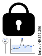 Padlock rising graph with nodes BIO pin embody data security growth privacy, biotech. Ideal for cybersecurity, data protection, research, digital security, biotechnology, analysis. Line metaphor. Secure Data Analysis in Biotech Lock Symbol Over Graph Highlights Privacy in Biological Research. Стоковая иллюстрация, агентство Ingram Publishing / Фотобанк Лори