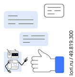Robot with speech bubbles and thumbs up gesture. Ideal for AI communication, technology, customer support, digital interaction, modern applications, chatbots, futuristic designs. Line metaphor. Robot Interacting with User Using Speech Bubbles and a Thumbs Up Gesture. Стоковая иллюстрация, агентство Ingram Publishing / Фотобанк Лори