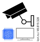 Surveillance camera, AI brain chip, and computer screen. Ideal for security systems, AI technology, surveillance, monitoring, tech advancements digital security smart systems. Line metaphor. Surveillance camera, AI brain chip, and computer screen representing integrated security systems. Стоковая иллюстрация, агентство Ingram Publishing / Фотобанк Лори