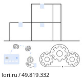 Warehouse boxes, payment card with coins, hand, and interconnected gears symbolizing logistics, finance, and operations integration. Ideal for logistics, finance, automation business processes. Warehouse boxes, payment card with coins, hand, and interconnected gears representing workflow and microservices. Стоковая иллюстрация, агентство Ingram Publishing / Фотобанк Лори