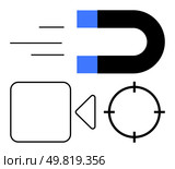 Speeding magnet with trailing lines, adjacent to a squared spiral, a hollowed-out triangle, and a crosshair target circle. Ideal for themes of magnetism, direction, energy, focus, physics. Magnet with speed lines, squared spiral, triangle, and crosshair target circle in minimalistic design. Стоковая иллюстрация, агентство Ingram Publishing / Фотобанк Лори
