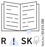 Open book with blue bookmark, black text, caution triangle symbol, and letters R, S, K. Ideal for education, risk management caution decision-making legal finance teaching. Line metaphor. Open book with a blue bookmark and the word RISK spelled out in black text and caution symbol. Стоковая иллюстрация, агентство Ingram Publishing / Фотобанк Лори