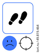 Footsteps and sad face icon paired with a target icon. Ideal for concepts thumbs up failure, goal setting, tracking progress, missed targets, unsuccessful attempts, consequences, and aimless. Footsteps with Sad Face and Target Icon Representing Concept of Failure and Missed Goals. Стоковая иллюстрация, агентство Ingram Publishing / Фотобанк Лори