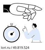 Hand in pinch gesture stopwatch ticking man pointing upward. Ideal for productivity, control, precision, time management, ideas, motivation, strategy. Line metaphor. Hand Gesture, Stopwatch, and Man Pointing Upward - Concepts of Control, Time Management, and Idea Creation. Стоковая иллюстрация, агентство Ingram Publishing / Фотобанк Лори