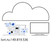 Laptop displaying AI robot, workflow charts, and communication icons with large cloud overhead and monitor beside. Ideal for cloud computing, AI integration, remote work, tech support, IT solutions. Cloud Computing Technology with AI and Workflow Automation Integrated on Laptops and Monitors. Стоковая иллюстрация, агентство Ingram Publishing / Фотобанк Лори