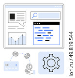 Website interface with graph, code snippet, search bar, payment hand holding card, gear icon symbolizing settings. Ideal for web, v07 development, finance, analytics, e-commerce banking user experience. Website interface displaying data charts, code, and online payment with setting gear. Стоковая иллюстрация, агентство Ingram Publishing / Фотобанк Лори