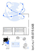 Global network connections with interconnected nodes, data servers, and digital financial transactions. Ideal for technology, finance, international trade, internet, networking, digital economy. Global Connectivity and Digital Transactions Illustrated with Network, Servers, and Financial Exchanges. Стоковая иллюстрация, агентство Ingram Publishing / Фотобанк Лори