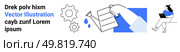 Hand holding documents near gears, droplets, and woman using a laptop. Ideal for workflow processes, technology, productivity, office tasks, document management, remote work, and ergonomic workspace. Hand Interacting with Documents and Female Character Using Laptop with Illustrative Gears. Стоковая иллюстрация, агентство Ingram Publishing / Фотобанк Лори
