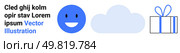 Smile icon, cloud shape, and wrapped gift box. Ideal for greeting cards, website headers, social media graphics, newsletters, childrens content, promotional materials and educational resources. Happy Face, Cloud, and Gift Box with Placeholder Text in Minimalist Design. Стоковая иллюстрация, агентство Ingram Publishing / Фотобанк Лори
