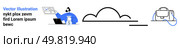 Person with laptop and moneybag handle touchscreen interface, cloud tech symbol, backpack with headphones. Ideal for business, finance, tech, cloud computing, remote work, education, e-commerce. Modern Office Setup with Cloud Technology and Financial Growth Elements. Стоковая иллюстрация, агентство Ingram Publishing / Фотобанк Лори