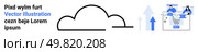 Cloud with arrows indicating uploaddownload, people interacting with data, shopping cart, and charts. Ideal for cloud computing, data management, e-commerce, technology, business strategy analytics. Cloud Storage and Data Analysis with E-commerce Integration in Modern Business. Стоковая иллюстрация, агентство Ingram Publishing / Фотобанк Лори
