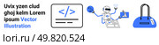 Robot with digital screens and coding icon. Digital wallet, laptop screen with code. Ideal for tech presentations, coding tutorials, AI topics, digital finance, web development, educational. Technology and Programming Concepts Robot Coding, Laptop, and Digital Wallet Vector Illustration. Стоковая иллюстрация, агентство Ingram Publishing / Фотобанк Лори