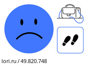 Blue sad emotion on left, black briefcase top right, and black footprints bottom right. Ideal for workplace stress, career change, emotional distress, sadness, leaving job, unemployment, job. Sad emotion, Briefcase, and Footprints Representing Workplace Discontent and Transition. Стоковая иллюстрация, агентство Ingram Publishing / Фотобанк Лори