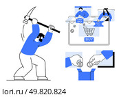 Man mining cryptocurrency with a pickaxe next to online shopping and financial transaction scenes. Ideal for finance, e-commerce, technology, investments, cryptocurrency, digital marketing. Man Mining Cryptocurrency Next to Online Shopping and Financial Transactions Representations. Стоковая иллюстрация, агентство Ingram Publishing / Фотобанк Лори
