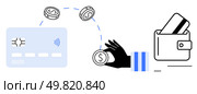 Hand holding coins, credit card, and wallet illustrating modern contactless payment. Ideal for finance, e-commerce, banking, digital transactions, cashless society consumer behavior fintech. Line. Contactless Payment Method with Credit Card, Coins, Hand, and Wallet Representing Modern Transactions. Стоковая иллюстрация, агентство Ingram Publishing / Фотобанк Лори