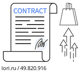 Contract paper with signature, shopping bag, and arrows pointing upward. Ideal for business deals, legal agreements, e-commerce, financial growth, retail sales, document signing entrepreneurship. Contract document with signature, shopping bag, and upward arrows indicating growth and agreement. Стоковая иллюстрация, агентство Ingram Publishing / Фотобанк Лори