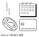 Calendar with multiple squares, single coin, and a credit card. Ideal for budgeting, financial planning, scheduling, time management, expense tracking financial education and reminders. Line. Financial Planning Essentials Calendar, Coin, and Credit Card for Budget Management and Scheduling. Стоковая иллюстрация, агентство Ingram Publishing / Фотобанк Лори