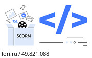 SCORM package box with media and code elements for e-learning. HTML tags symbolizing web development. Ideal for education, technology, digital media, online learning, web design, programming, coding. Digital Content in SCORM Package with HTML Tags for E-Learning and Web Development. Стоковая иллюстрация, агентство Ingram Publishing / Фотобанк Лори
