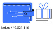 Blue digital wallet with electronic circuitry next to a gift box with a bow. Ideal for fintech, online shopping, digital gifts, e-commerce, cryptocurrency, tech innovation, finance. Line metaphor. Digital Wallet with Circuitry and Gift Box Emphasizing Modern Financial Technology and Gifting. Стоковая иллюстрация, агентство Ingram Publishing / Фотобанк Лори