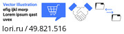 Shopping cart in chat bubble, handshake, folder sharing icons. Ideal for e-commerce, business partnerships, document sharing, online transactions, collaboration, commerce discussions, connectivity. E-commerce, Partnership, and Document Sharing Concept in Blue and Black Vector Design. Стоковая иллюстрация, агентство Ingram Publishing / Фотобанк Лори