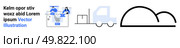 E-commerce app interaction, delivery truck with palette, and warehouse icon. Ideal for business, logistics, shipping, warehousing, e-commerce order management supply chain. Landing page. E-commerce Analysis, Logistics, and Warehouse Solutions for Optimized Business Operations. Стоковая иллюстрация, агентство Ingram Publishing / Фотобанк Лори