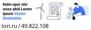 Man with shopping bags with percent signs, a contract document, and a wind turbine. Ideal for business agreements, financial transactions, shopping deals, green energy, contracts, commerce. Man Shopping With Percent Sign Bags, Contract Document, and Wind Turbine Representing Economic Activities. Стоковая иллюстрация, агентство Ingram Publishing / Фотобанк Лори