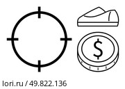 Target symbol, coin with dollar sign, and shoe outline. Ideal for financial planning, business strategy, budgeting, goal setting, marketing, economics, and success visualization. Line metaphor. Target symbol, money coin with dollar sign, and shoe outline representing goal-oriented financial success. Стоковая иллюстрация, агентство Ingram Publishing / Фотобанк Лори