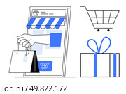Mobile storefront displaying a hand holding shopping bags, adjacent shopping cart icon, and gift box with bow. Ideal for e-commerce, digital retail, online shopping, mobile apps, consumer behavior. Online Shopping Concept with Mobile Storefront, Shopping Cart, and Gift Package. Стоковая иллюстрация, агентство Ingram Publishing / Фотобанк Лори
