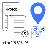 Receipt and dollar coin icon next to a blue location marker and an online shopping cart. Ideal for e-commerce, contactless payments, financial transactions, online shopping, invoicing, business. Digital commerce with invoices, online shopping cart, and blue location marker for business transactions. Стоковая иллюстрация, агентство Ingram Publishing / Фотобанк Лори