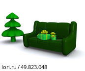 present boxes on sofa and pinetree. 3d. Стоковое фото, агентство Ingram Publishing / Фотобанк Лори