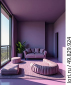 A beautifully designed room features plush purple furniture and large windows allowing natural light to bright the space, creating a serene atmosphere perfect for relaxation Generative AI. Стоковое AI-изображение, AI-художник Юлия Петровская / Фотобанк Лори