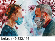 A man and a woman are shown wearing face masks in a public setting. Стоковое AI-изображение, AI-художник Данила Большаков / Фотобанк Лори