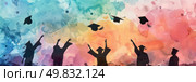 A group of graduates jubilantly toss their caps in the air, celebrating their academic achievement and success. Стоковое AI-изображение, AI-художник Данила Большаков / Фотобанк Лори