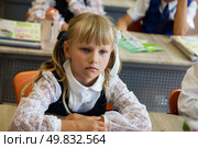 Thoughtful First-Grader in a Classroom Setting Engages in Learning With Focus and Curiosity. Стоковое фото, фотограф Aleksandr Golubev / Фотобанк Лори