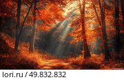 Golden sunlight filters through autumn leaves in a tranquil forest path during morning hours. Стоковое AI-изображение, AI-художник Александр Довянский / Фотобанк Лори